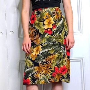 Tropical Print Silk Midi Skirt High Waist